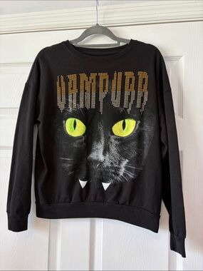 Freeze Vampurr Black Sweatshirt with Neon Yellow-Green Cat Eyes MEOW size large